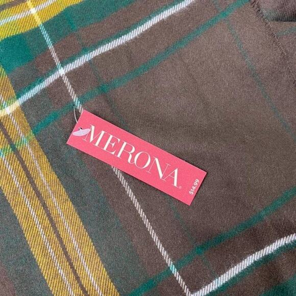 Soft Merona Unisex Tartan Plaid Fringe Scarf 65" X 11" Brown Tan Yellow Green - Picture 6 of 9